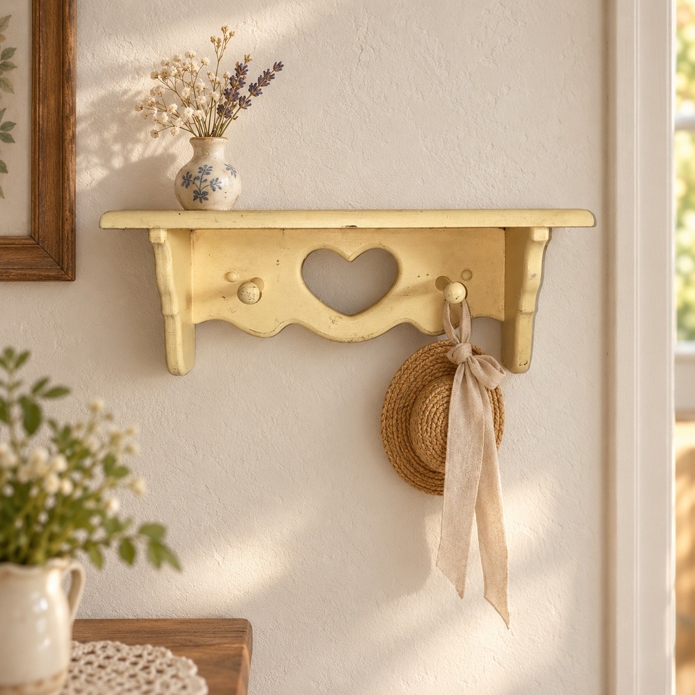 Vintage Wood Heart Cutout Wall Shelf 2 Pegs Cottagecore Country Decor 15"